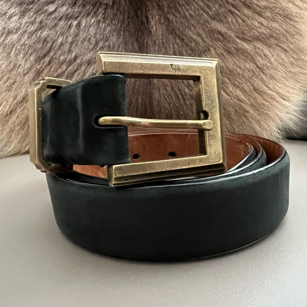 Donna Karan Dark Green Leather Belt with Gold Square Buckle